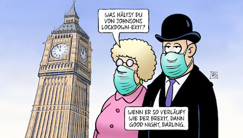 Cartoon: Johnson-Lockdown-Exit (medium) by Harm Bengen tagged uk,gb,england,corona,big,ben,masken,johnson,lockdown,exit,brexit,good,night,darling,harm,bengen,cartoon,karikatur,uk,gb,england,corona,big,ben,masken,johnson,lockdown,exit,brexit,good,night,darling,harm,bengen,cartoon,karikatur