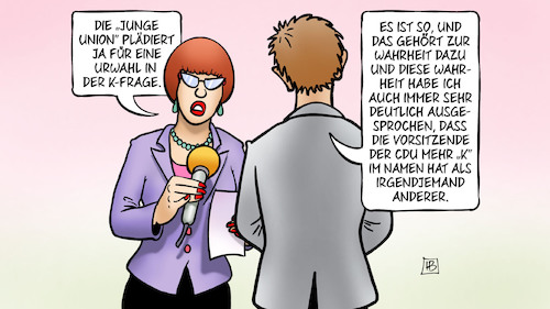 Cartoon: K-Frage und AKK (medium) by Harm Bengen tagged frage,kanzlerschaft,kanzlerkandidatin,akk,kramp,karrenbauer,interview,junge,union,urwahl,floskeln,harm,bengen,cartoon,karikatur,frage,kanzlerschaft,kanzlerkandidatin,akk,kramp,karrenbauer,interview,junge,union,urwahl,floskeln,harm,bengen,cartoon,karikatur