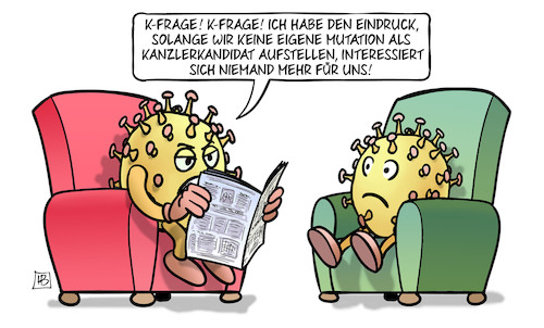 Cartoon: K-Mutation (medium) by Harm Bengen tagged mutation,corona,virus,viren,sessel,interesse,medien,zeitung,lesen,frage,grüne,cdu,csu,habeck,baerbock,laschet,söder,kanzlerkandidatin,harm,bengen,cartoon,karikatur,mutation,corona,virus,viren,sessel,interesse,medien,zeitung,lesen,frage,grüne,cdu,csu,habeck,baerbock,laschet,söder,kanzlerkandidatin,harm,bengen,cartoon,karikatur