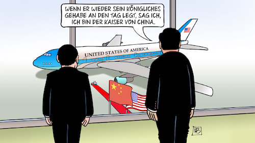 Cartoon: Kaiser von China (medium) by Harm Bengen tagged kaiser,china,xi,trump,staatsbesuch,flugzeug,airforce,one,roter,teppich,harm,bengen,cartoon,karikatur,kaiser,china,xi,trump,staatsbesuch,flugzeug,airforce,one,roter,teppich,harm,bengen,cartoon,karikatur