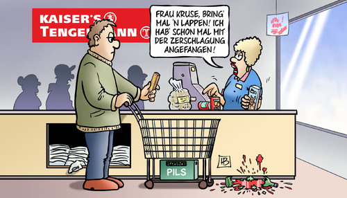 Cartoon: Kaisers-Zerschlagung (medium) by Harm Bengen tagged lappen,supermarkt,laden,kassiererin,kunde,zerschlagung,kaisers,tengelmann,edeka,rewe,kasse,einkauf,harm,bengen,cartoon,karikatur,lappen,supermarkt,laden,kassiererin,kunde,zerschlagung,kaisers,tengelmann,edeka,rewe,kasse,einkauf,harm,bengen,cartoon,karikatur