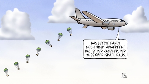 Cartoon: Kanzler in Nahost (medium) by Harm Bengen tagged paket,abwerfen,kanzler,scholz,luftwaffe,hilfslieferungen,fallschim,gaza,krieg,israel,flugzeug,harm,bengen,cartoon,karikatur,paket,abwerfen,kanzler,scholz,luftwaffe,hilfslieferungen,fallschim,gaza,krieg,israel,flugzeug,harm,bengen,cartoon,karikatur