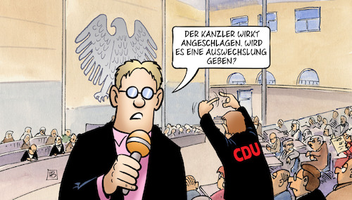 Cartoon: Kanzlerwechsel (medium) by Harm Bengen tagged kanzler,merz,bundestag,wüst,angeschlagen,auswechslung,fußball,reporter,cdu,harm,bengen,cartoon,karikatur,kanzler,merz,bundestag,wüst,angeschlagen,auswechslung,fußball,reporter,cdu,harm,bengen,cartoon,karikatur