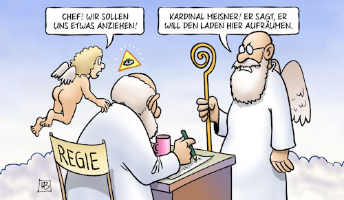 Cartoon: Kardinal Meisner (medium) by Harm Bengen tagged chef,gott,himmel,petrus,engel,putte,nackt,moral,kardinal,meisner,tot,tod,harm,bengen,cartoon,karikatur,chef,gott,himmel,petrus,engel,putte,nackt,moral,kardinal,meisner,tot,tod,harm,bengen,cartoon,karikatur