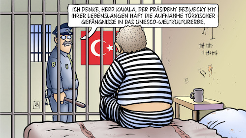 Cartoon: Kavala lebenslänglich (medium) by Harm Bengen tagged unesco,weltkulturerbe,erdogan,lebenslänglich,gefängnis,knast,kavala,türkei,harm,bengen,cartoon,karikatur,unesco,weltkulturerbe,erdogan,lebenslänglich,gefängnis,knast,kavala,türkei,harm,bengen,cartoon,karikatur