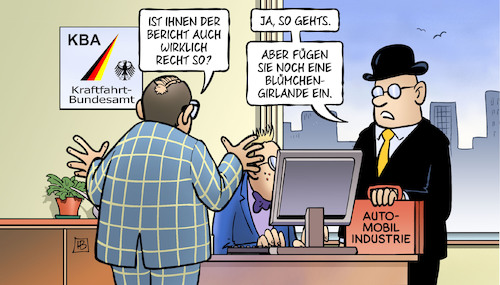 Cartoon: KBA und Autoindustrie (medium) by Harm Bengen tagged kba,kraftfahrtbundesamt,diesel,vorschlag,bericht,dobrindt,abgasskandal,automobilindustrie,abgaswerte,no2,nox,fahrverbote,harm,bengen,cartoon,karikatur,kba,kraftfahrtbundesamt,diesel,vorschlag,bericht,dobrindt,abgasskandal,automobilindustrie,abgaswerte,no2,nox,fahrverbote,harm,bengen,cartoon,karikatur