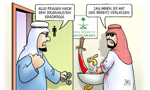 Cartoon: Khashoggi (medium) by Harm Bengen tagged journalist,khashoggi,mord,saudi,arabien,botschaft,türkei,blut,harm,bengen,cartoon,karikatur,journalist,khashoggi,mord,saudi,arabien,botschaft,türkei,blut,harm,bengen,cartoon,karikatur