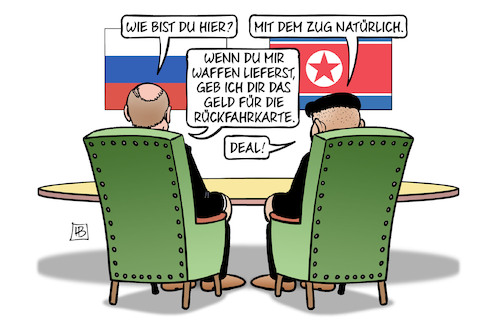 Cartoon: Kim bei Putin (medium) by Harm Bengen tagged zug,waffen,geld,rückfahrkarte,deal,kim,jong,un,nordkorea,reise,wladiwostok,russland,ukraine,krieg,harm,bengen,cartoon,karikatur,zug,waffen,geld,rückfahrkarte,deal,kim,jong,un,nordkorea,reise,wladiwostok,russland,ukraine,krieg,harm,bengen,cartoon,karikatur