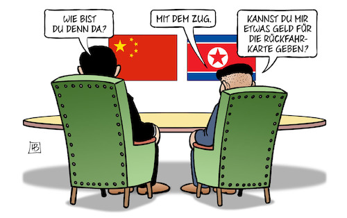 Cartoon: Kim in China (medium) by Harm Bengen tagged kim,jong,un,xi,china,nordkorea,staatsbesuch,zug,geld,rückfahrkarte,harm,bengen,cartoon,karikatur,kim,jong,un,xi,china,nordkorea,staatsbesuch,zug,geld,rückfahrkarte,harm,bengen,cartoon,karikatur