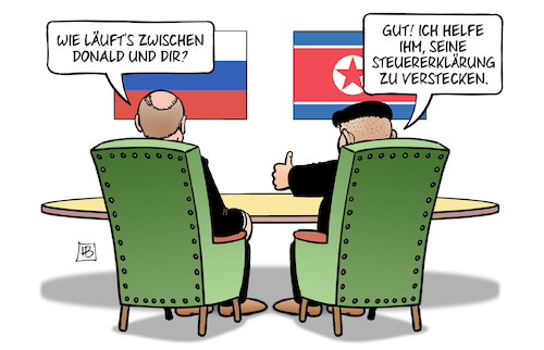 Cartoon: Kim und Putin (medium) by Harm Bengen tagged donald,trump,putin,kim,jong,un,nordkorea,russland,gipfel,treffen,wladiwostok,steuererklärung,harm,bengen,cartoon,karikatur,donald,trump,putin,kim,jong,un,nordkorea,russland,gipfel,treffen,wladiwostok,steuererklärung,harm,bengen,cartoon,karikatur