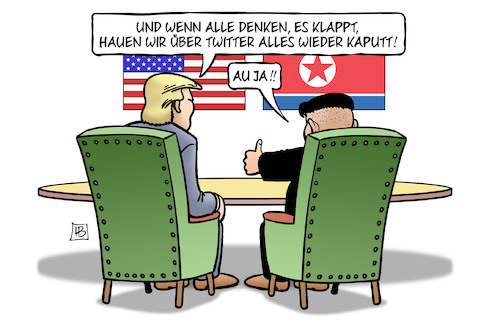 Cartoon: Kim und Trump (medium) by Harm Bengen tagged twitter,trump,kim,jong,un,nordkorea,usa,treffen,gipfel,harm,bengen,cartoon,karikatur,twitter,trump,kim,jong,un,nordkorea,usa,treffen,gipfel,harm,bengen,cartoon,karikatur