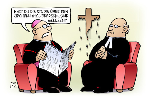 Cartoon: Kirchen-Mitgliederschwund (medium) by Harm Bengen tagged studie,kirchen,mitgliederschwund,evangelisch,katholisch,kreuz,harm,bengen,cartoon,karikatur,studie,kirchen,mitgliederschwund,evangelisch,katholisch,kreuz,harm,bengen,cartoon,karikatur