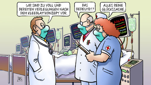 Cartoon: Kleeblatt (medium) by Harm Bengen tagged intensivstationen,voll,verlegungen,kleeblattkonzept,glückssache,krankenhaus,arzt,krankenschwester,corona,covid,harm,bengen,cartoon,karikatur,intensivstationen,voll,verlegungen,kleeblattkonzept,glückssache,krankenhaus,arzt,krankenschwester,corona,covid,harm,bengen,cartoon,karikatur