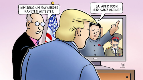 Cartoon: Kleine Raketen (medium) by Harm Bengen tagged kleine,raketen,kim,jong,un,tests,rüstung,trump,usa,nordkorea,tv,harm,bengen,cartoon,karikatur,kleine,raketen,kim,jong,un,tests,rüstung,trump,usa,nordkorea,tv,harm,bengen,cartoon,karikatur