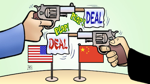 Cartoon: Kleiner Deal (medium) by Harm Bengen tagged kleiner,deal,pistolen,usa,china,handelsstreit,handelskrieg,einigung,harm,bengen,cartoon,karikatur,kleiner,deal,pistolen,usa,china,handelsstreit,handelskrieg,einigung,harm,bengen,cartoon,karikatur