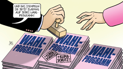 Cartoon: Klimaschutz plus (medium) by Harm Bengen tagged klimaschutz,plus,stempeln,wahlprogramm,hochwasserkatastrophe,parteien,bundestagswahl,harm,bengen,cartoon,karikatur,klimaschutz,plus,stempeln,wahlprogramm,hochwasserkatastrophe,parteien,bundestagswahl,harm,bengen,cartoon,karikatur