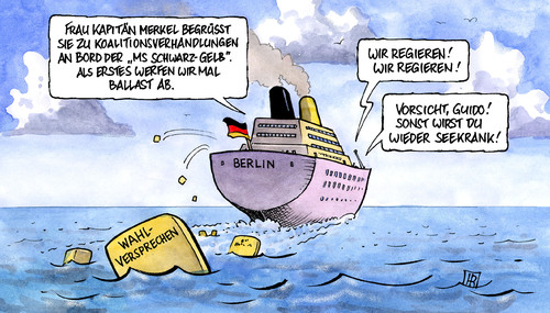 Cartoon: Koalitionsverhandlungen (medium) by Harm Bengen tagged koalitionsverhandlungen,schwarz,gelb,cdu,csu,fdp,merkel,seehofer,westerwelle,wahlversprechen,gebrochen,brechen,meer,see,seekrank,schiff,kreuzfahrt,kapitän,bundeskanzlerin,koalitionsverhandlungen,koalition,gelb,cdu,csu,fdp,angela merkel,guido westerwelle,schwarz,horst seehofer,meer,see,angela,merkel,guido,westerwelle,horst,seehofer