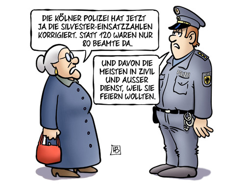 Cartoon: Kölner Polizeizahlen (medium) by Harm Bengen tagged kölner,polizei,silvester,einsatzzahlen,korrigiert,120,80,beamte,zivil,dienst,feiern,susemil,harm,bengen,cartoon,karikatur,kölner,polizei,silvester,einsatzzahlen,korrigiert,120,80,beamte,zivil,dienst,feiern,susemil,harm,bengen,cartoon,karikatur