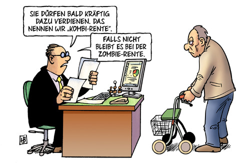 Cartoon: Kombi-Rente (medium) by Harm Bengen tagged kombi,rente,kombirente,amt,behörde,zombie,rentner,arbeit,zuverdienst,zuverdienen,arm,altersarmut,krankheit,arbeitsunfähigkeit,leyen,arbeitsministerin,sozialministerin,kombi,rente,kombirente,amt,behörde,zombie,rentner,arbeit,zuverdienst