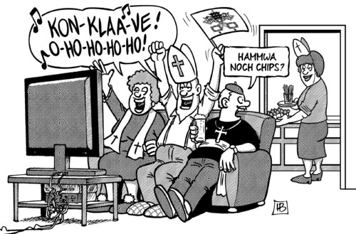 Cartoon: Konklave-Fans (medium) by Harm Bengen tagged papst,katholik,habemus,papam,papstwahl,rom,konklave,katholische,kirche,vatikan,wahl,fans,fussball,fahne,chips,harm,bengen,cartoon,karikatur