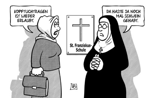 Cartoon: Kopftuchstreit (medium) by Harm Bengen tagged kopftuchtragen,kopftuchstreit,kopftuchverbot,erlaubt,lehrerin,religionsfreiheit,urteil,schule,bverfg,nonne,kirche,harm,bengen,cartoon,karikatur