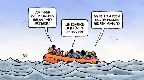 Cartoon: Kreuzbandriss (medium) by Harm Bengen tagged kreuzbandriss,antonio,rüdiger,schrecklich,deutsche,deutschland,fussball,europameisterschaft,em,flüchtlinge,schlauchboot,meer,wasser,flucht,hilfe,harm,bengen,cartoon,karikatur,kreuzbandriss,antonio,rüdiger,schrecklich,deutsche,deutschland,fussball,europameisterschaft,em,flüchtlinge,schlauchboot,meer,wasser,flucht,hilfe,harm,bengen,cartoon,karikatur