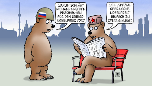 Cartoon: Kriegsnobelpreis für Putin (medium) by Harm Bengen tagged putin,kriegsnobelpreis,spezialoperations,nobelpreis,bären,moskau,krieg,ukraine,russland,harm,bengen,cartoon,karikatur,putin,kriegsnobelpreis,spezialoperations,nobelpreis,bären,moskau,krieg,ukraine,russland,harm,bengen,cartoon,karikatur