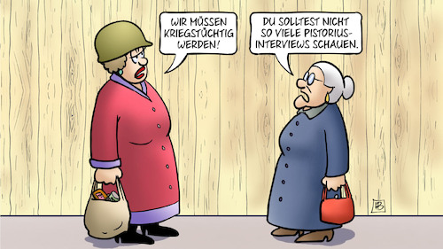 Cartoon: Kriegstüchtig (medium) by Harm Bengen tagged kriegstüchtig,pistorius,interview,stahlhelm,susemil,jutta,zaun,krieg,harm,bengen,cartoon,karikatur,kriegstüchtig,pistorius,interview,stahlhelm,susemil,jutta,zaun,krieg,harm,bengen,cartoon,karikatur