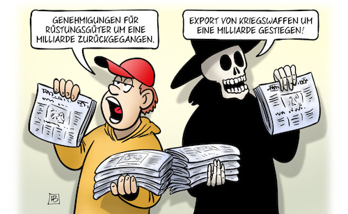 Cartoon: Kriegswaffenexport (medium) by Harm Bengen tagged kriegswaffenexport,genehmigungen,rüstungsgueter,zurückgegangen,gestiegen,zeitungsjunge,tod,harm,bengen,cartoon,karikatur,kriegswaffenexport,genehmigungen,rüstungsgueter,zurückgegangen,gestiegen,zeitungsjunge,tod,harm,bengen,cartoon,karikatur