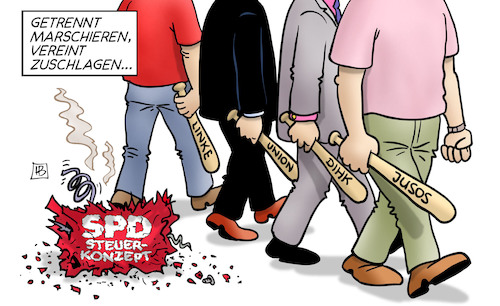 Cartoon: Kritik an SPD-Steuerkonzept (medium) by Harm Bengen tagged kritik,linke,dihk,jusos,union,spd,bundestagswahlkampf,schulz,steuerkonzept,kaputt,harm,bengen,cartoon,karikatur,kritik,linke,dihk,jusos,union,spd,bundestagswahlkampf,schulz,steuerkonzept,kaputt,harm,bengen,cartoon,karikatur