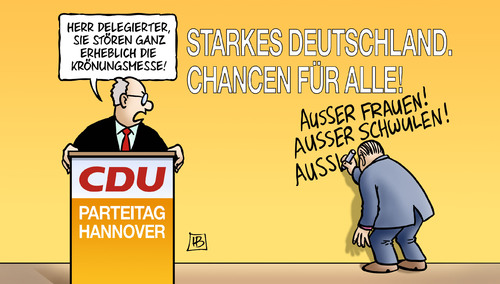 Cartoon: Krönungsmesse (medium) by Harm Bengen tagged krönungsmesse,cdu,parteitag,hannover,chancen,frauen,schwule,frauenquote,steuergleichheit,streit,merkel,kanzlerin,harm,bengen,cartoon,karikatur,krönungsmesse,cdu,parteitag,hannover,chancen,frauen,schwule,frauenquote,steuergleichheit,streit,merkel,kanzlerin,harm,bengen,cartoon,karikatur