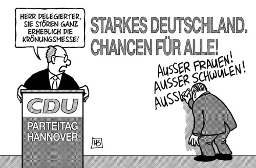 Cartoon: Krönungsmesse (medium) by Harm Bengen tagged krönungsmesse,cdu,parteitag,hannover,chancen,frauen,schwule,frauenquote,steuergleichheit,streit,merkel,kanzlerin,harm,bengen,cartoon,karikatur