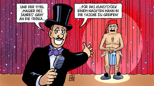 Cartoon: Kunststück (medium) by Harm Bengen tagged kunststück,magier,titel,mann,nackt,tasche,dressur,esm,troika,griechenland,banken,hedgefonds,versicherungen,staatsanleihen,zinsen,rettungsschirm,europa,eu,euro,euroschuldenkrise,schulden,efsf,kunststück,magier,mann,dressur,esm,troika,griechenland,banken,hedgefonds,versicherungen