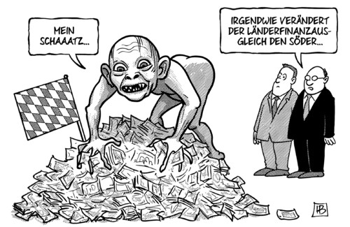 Cartoon: Länderfinanzausgleich (medium) by Harm Bengen tagged länderfinanzausgleich,söder,bayern,finanzminister,mein,schaaatz,herr,der,ringe,gollum,harm,bengen,cartoon,karikatur