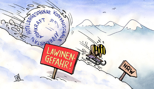 Cartoon: Lawinengefahr (medium) by Harm Bengen tagged lawine,gefahr,schwarz,gelb,tigerente,berge,abwärts,nrw,wahl,afghanistan,steuer,mehrwertsteuer,hotels,klientel,atomkraft,kopfpauschale,schlitten,cdu,csu,fdp,lawine,gefahr,schwarz,gelb,tigerente,abwärts,nrw,wahl,wahlen,afghanistan,steuer,mehrwertsteuer,hotels,klientel,atomkraft,kopfpauschale