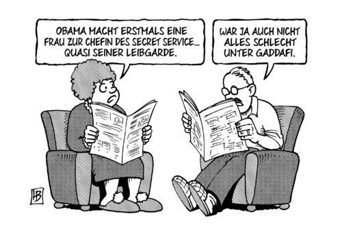 Cartoon: Leibgarde (medium) by Harm Bengen tagged obama,präsident,secret,service,chefin,gaddafi,usa,frau,pierson,harm,bengen,cartoon,karikatur