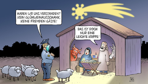 Cartoon: Leichte Krippe (medium) by Harm Bengen tagged polizei,polizist,maske,glühweinausschank,gäste,krippe,grippe,komet,corona,harm,bengen,cartoon,karikatur,polizei,polizist,maske,glühweinausschank,gäste,krippe,grippe,komet,corona,harm,bengen,cartoon,karikatur