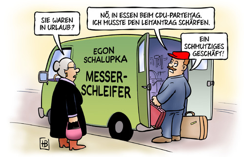 Cartoon: Leitantrag schärfen (medium) by Harm Bengen tagged urlaub,susemil,messerschleifer,leitantrag,verschärfen,verschärfung,schmutziges,geschäft,werte,zukunft,cdu,konservativ,rechts,parteitag,essen,merkel,flüchtlingspolitik,asylpolitik,streit,harm,bengen,cartoon,karikatur,urlaub,susemil,messerschleifer,leitantrag,verschärfen,verschärfung,schmutziges,geschäft,werte,zukunft,cdu,konservativ,rechts,parteitag,essen,merkel,flüchtlingspolitik,asylpolitik,streit,harm,bengen,cartoon,karikatur