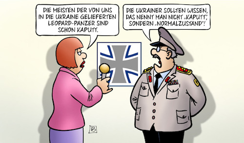 Cartoon: Leos kaputt (medium) by Harm Bengen tagged interview,bundeswehr,general,leopard,panzer,kaputt,normalzustand,waffenlieferungen,russland,ukraine,krieg,harm,bengen,cartoon,karikatur,interview,bundeswehr,general,leopard,panzer,kaputt,normalzustand,waffenlieferungen,russland,ukraine,krieg,harm,bengen,cartoon,karikatur