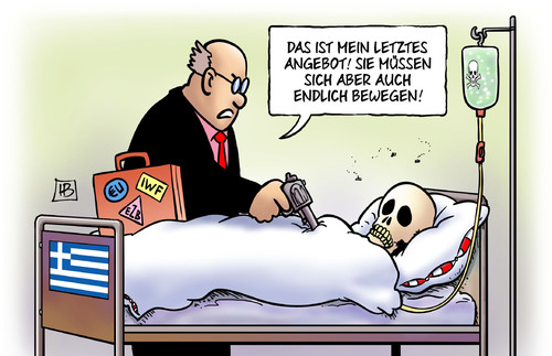 Cartoon: Letztes Angebot (medium) by Harm Bengen tagged angebot,pistole,auf,brust,tot,skelett,bewegen,troika,iwf,eu,ezb,griechenland,krank,schulden,pleite,erpressung,harm,bengen,cartoon,karikatur,angebot,pistole,auf,brust,tot,skelett,bewegen,troika,iwf,eu,ezb,griechenland,krank,schulden,pleite,erpressung,harm,bengen,cartoon,karikatur