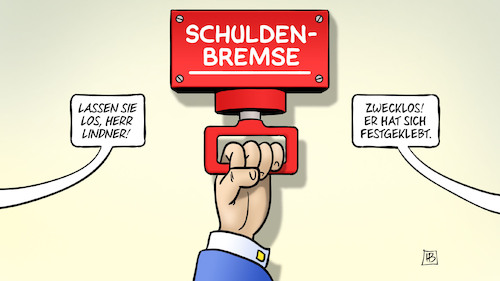 Cartoon: Lindner und Schuldenbremse (medium) by Harm Bengen tagged schuldenbremse,notbremse,lindner,fdp,finanzminister,festgeklebt,harm,bengen,cartoon,karikatur,schuldenbremse,notbremse,lindner,fdp,finanzminister,festgeklebt,harm,bengen,cartoon,karikatur