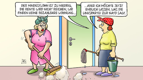 Cartoon: Linke und Nato (medium) by Harm Bengen tagged mindestlohn,rente,bezahlbare,wohnung,mieten,soziales,aussenpolitik,linke,linkspartei,nato,bundestagswahl,koalitionen,putzfrauen,harm,bengen,cartoon,karikatur,mindestlohn,rente,bezahlbare,wohnung,mieten,soziales,aussenpolitik,linke,linkspartei,nato,bundestagswahl,koalitionen,putzfrauen,harm,bengen,cartoon,karikatur