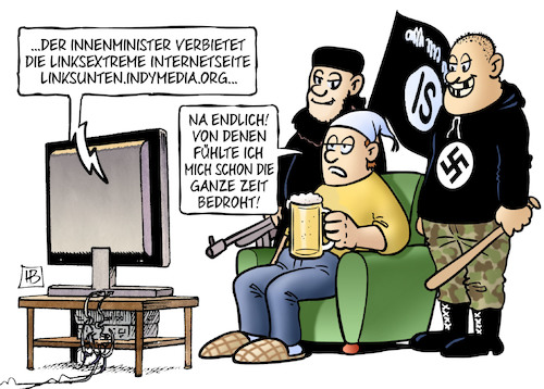 Cartoon: Linksunten-Verbot (medium) by Harm Bengen tagged innenminister,demaiziere,verbot,linksextreme,internetseite,linksunten,indymedia,tv,bedrohung,nazis,islamisten,terror,harm,bengen,cartoon,karikatur,innenminister,demaiziere,verbot,linksextreme,internetseite,linksunten,indymedia,tv,bedrohung,nazis,islamisten,terror,harm,bengen,cartoon,karikatur