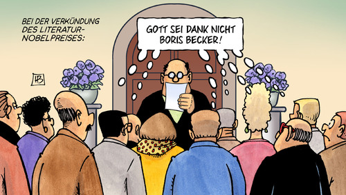 Cartoon: Literatur-Nobelpreis (medium) by Harm Bengen tagged verkündung,literaturnobelpreises,nobelpreis,boris,becker,literatur,buch,buchmesse,stockholm,frankfurt,2013,harm,bengen,cartoon,karikatur,verkündung,literaturnobelpreises,nobelpreis,boris,becker,literatur,buch,buchmesse,stockholm,frankfurt,2013,harm,bengen,cartoon,karikatur