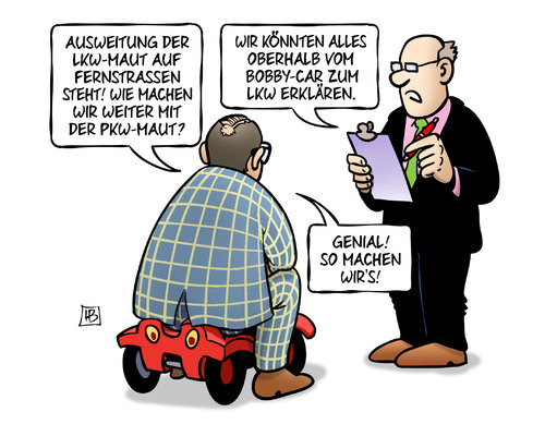 Cartoon: LKW-Maut-Ausweitung (medium) by Harm Bengen tagged ausweitung,lkw,maut,fernstrassen,dobrindt,verkehrsminister,pkw,bobbycar,harm,bengen,cartoon,karikatur,ausweitung,lkw,maut,fernstrassen,dobrindt,verkehrsminister,pkw,bobbycar,harm,bengen,cartoon,karikatur