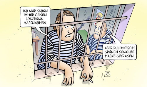 Cartoon: Lockdown und Maske (medium) by Harm Bengen tagged grünes,gewölbe,dresden,raub,lockdown,massnahmen,überfall,maske,corona,knast,gefängnis,harm,bengen,cartoon,karikatur,grünes,gewölbe,dresden,raub,lockdown,massnahmen,überfall,maske,corona,knast,gefängnis,harm,bengen,cartoon,karikatur