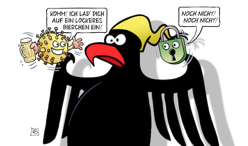 Cartoon: Lockerung vs. Lockdown (medium) by Harm Bengen tagged lockerung,lockdown,bierchen,schloss,corona,virus,bundesadler,adler,harm,bengen,cartoon,karikatur,lockerung,lockdown,bierchen,schloss,corona,virus,bundesadler,adler,harm,bengen,cartoon,karikatur