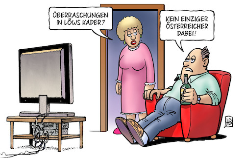 Cartoon: Löws Kader (medium) by Harm Bengen tagged überraschungen,löw,kader,österreicher,fussball,weltmeisterschaft,tv,harm,bengen,cartoon,karikatur,überraschungen,löw,kader,österreicher,fussball,weltmeisterschaft,tv,harm,bengen,cartoon,karikatur