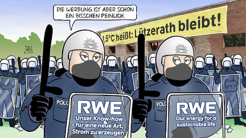 Cartoon: Lützerath-Räumung (medium) by Harm Bengen tagged werbung,peinlich,rwe,polizei,lützerath,räumung,kohle,klimaschutz,klimawandel,erderwärmung,harm,bengen,cartoon,karikatur,werbung,peinlich,rwe,polizei,lützerath,räumung,kohle,klimaschutz,klimawandel,erderwärmung,harm,bengen,cartoon,karikatur