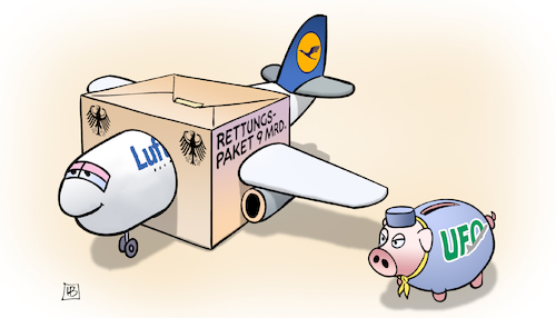 Cartoon: Lufthansa und UFO (medium) by Harm Bengen tagged lufthansa,ufo,rettungspaket,flugbegleitergewerkschaft,paket,staatsbeteiligung,corona,harm,bengen,cartoon,karikatur,lufthansa,ufo,rettungspaket,flugbegleitergewerkschaft,paket,staatsbeteiligung,corona,harm,bengen,cartoon,karikatur